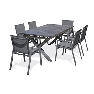 Ensemble repas de jardin 6 pl plateau céramique sur verre
