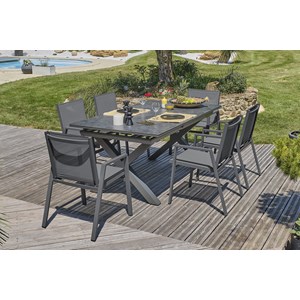 Ensemble repas de jardin 6 pl plateau céramique sur verre