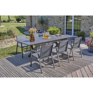 Ensemble repas de jardin 6 pl plateau céramique sur verre