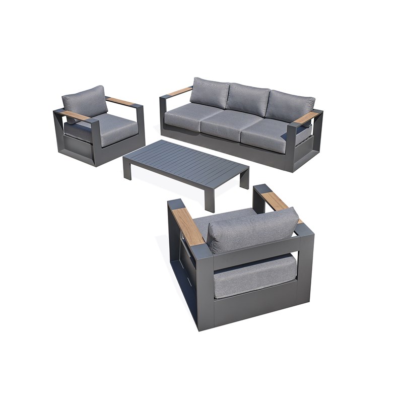 Salon de jardin 5 places en aluminium et accoudoirs en hpl