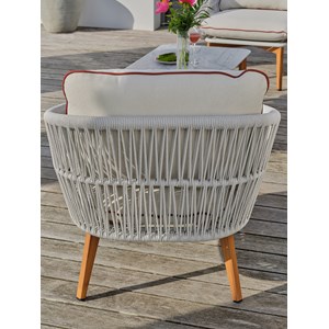 Salon bas de jardin 5 pl en alu imitation bois et corde tissée,