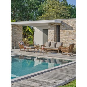 Salon bas de jardin 5 places alu aspect bois, teck et corde tissée