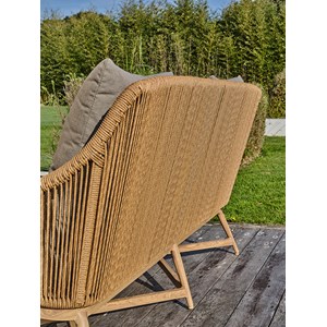 Salon bas de jardin 5 places alu aspect bois, teck et corde tissée