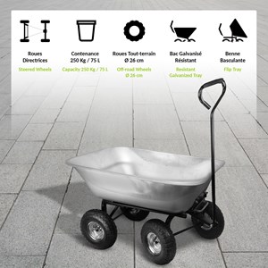 Brouette de jardin 75l - benne basculante - 4 roues gonflables - robuste et