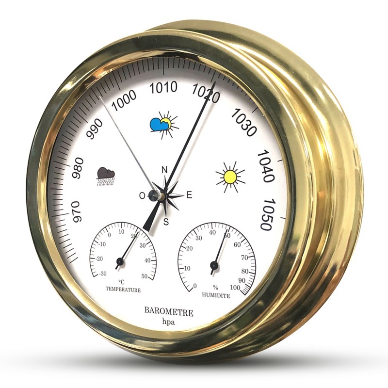 Baromètre 3 en 1 - cadre doré ø22,5 cm - lecture pression température hygro