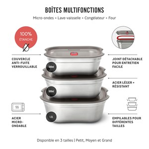 Lunch box en inox micro-ondable set de 3 mix (600-900-1200ml)