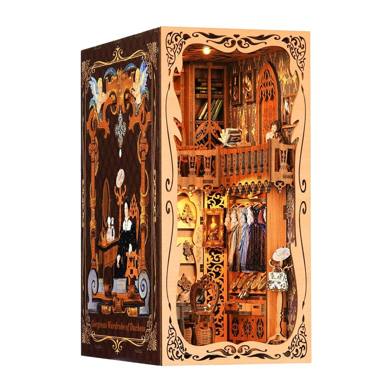 Garde-robe de la duchesse. Coin lecture en bois, design 3d réaliste.