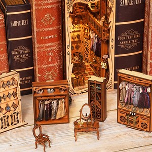 Garde-robe de la duchesse. Coin lecture en bois, design 3d réaliste.