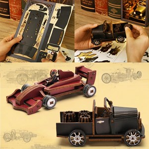 Collectionneurs de voitures. Book nook en bois, design 3d.