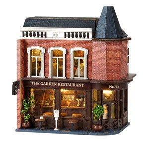 Restaurant garden. Maquette 3d avec design de panneau de porte ouverte.