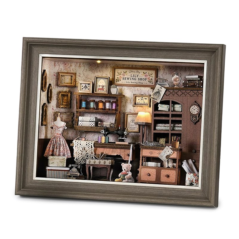 Magasin de couture de lili. Maquette en bois, conception 3d réaliste.