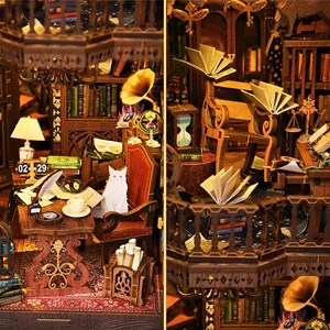 Bibliothèque des merveilles. Book nook en bois, design 3d réaliste.