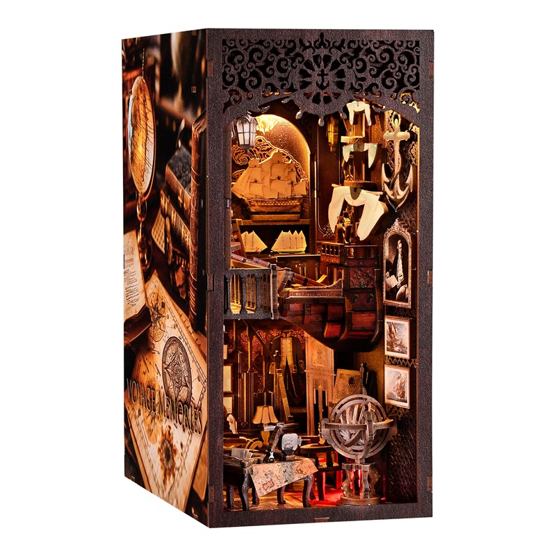 Mémoire de navigation. Book nook en bois, design 3d réaliste.