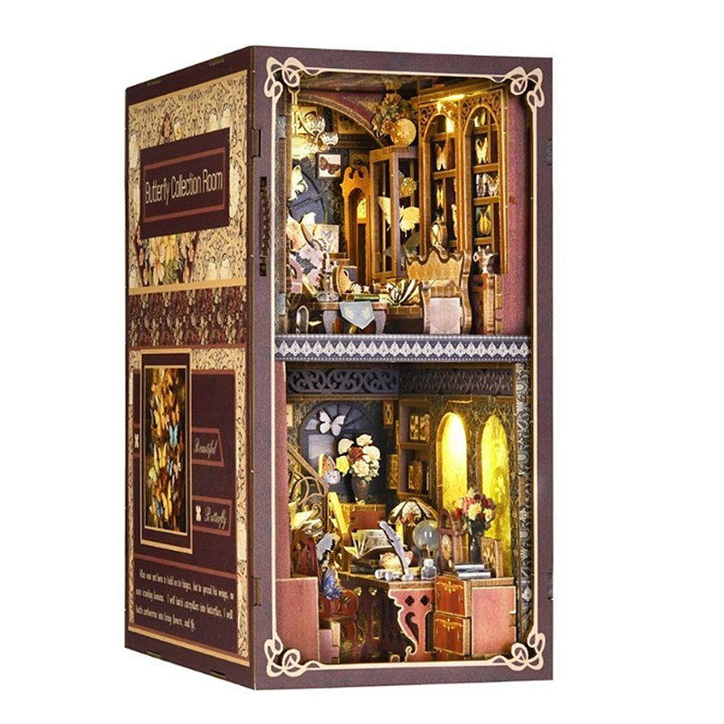 Collection de papillons. Book nook en bois, design 3d réaliste.