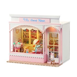 Magasin de bonbons. Maquette 3d avec design de porte ouverte, réaliste.