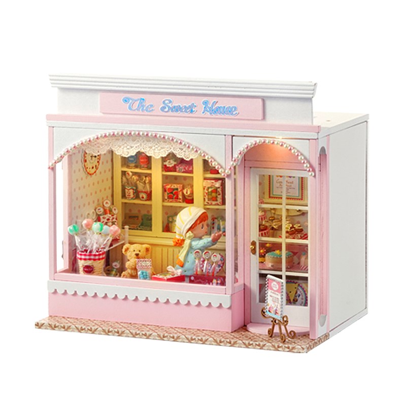 Magasin de bonbons. Maquette 3d avec design de porte ouverte, réaliste.