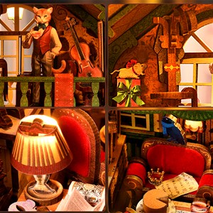 Bureau de chats. Book nook en bois, design 3d réaliste avec de nombreux détails.