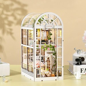 Maison de fleurs de café. Coin lecture en bois, design 3d réaliste.