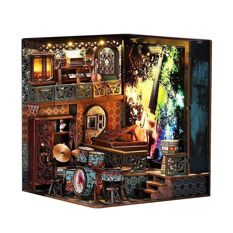 Explosion de notes. Book nook en bois, conception 3d réaliste.