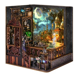 Exploration magique. Book nook en bois, design 3d réaliste, cadre lumineux.