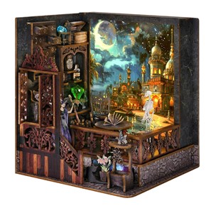 Exploration magique. Book nook en bois, design 3d réaliste, cadre lumineux.