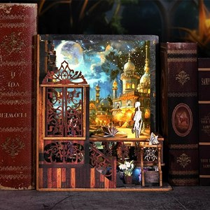 Exploration magique. Book nook en bois, design 3d réaliste, cadre lumineux.