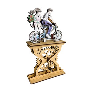Maquette en bois 3d, avec mouvement mécanique design amants du vélo en couleur.