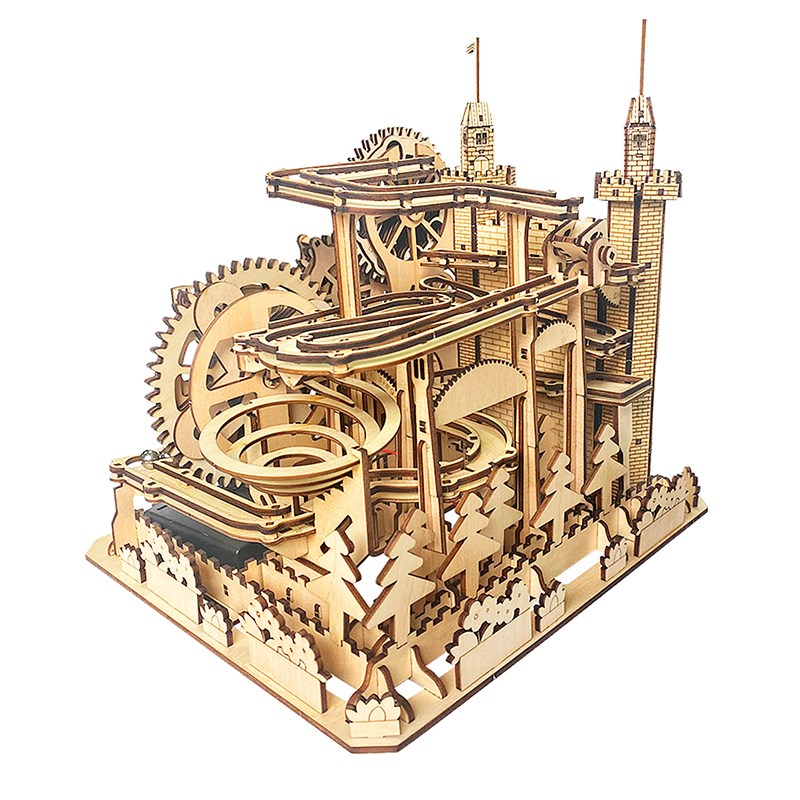 Maquette en bois 3d, avec mouvement mécanique design de piste à billes château.