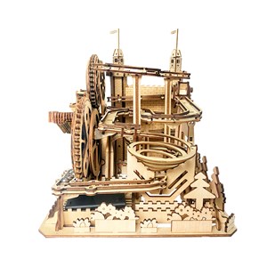 Maquette en bois 3d, avec mouvement mécanique design de piste à billes château.