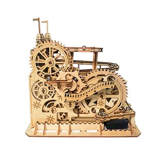 Maquette en bois 3d, avec mouvement mécanique design de piste à billes château.