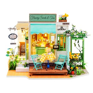 Thés et douceurs florales. Maquette en bois de maison de poupées à peindre.