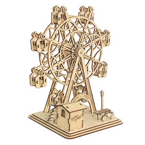 Maquette en bois 3d, avec mouvement mécanique design de roue ferris heureuse.