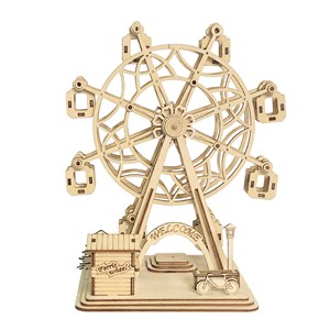 Maquette en bois 3d, avec mouvement mécanique design de roue ferris heureuse.