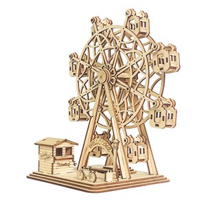Maquette en bois 3d, avec mouvement mécanique design de roue ferris heureuse.