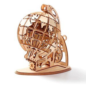 Maquette en bois 3d, conception de globe terrestre avec mouvement mécanique.