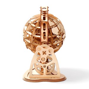 Maquette en bois 3d, conception de globe terrestre avec mouvement mécanique.