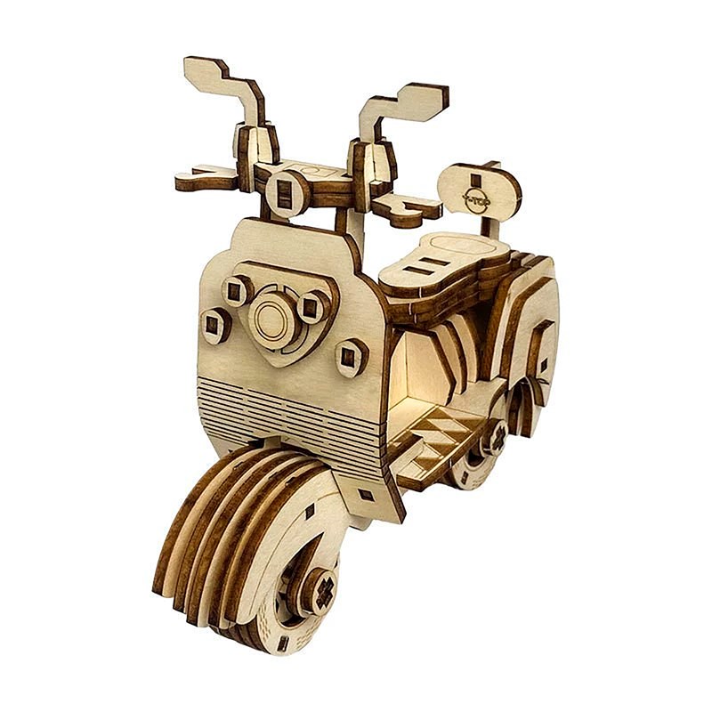 Maquette en bois 3d, avec mouvement mécanique de conception de moto ancienne.