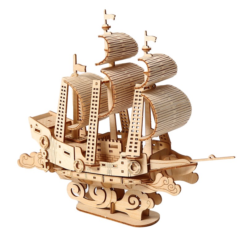 Maquette en bois 3d, conception de bateau à voile avec mouvement mécanique.