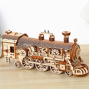 Maquette en bois 3d, design de train à vapeur avec mouvement mécanique.