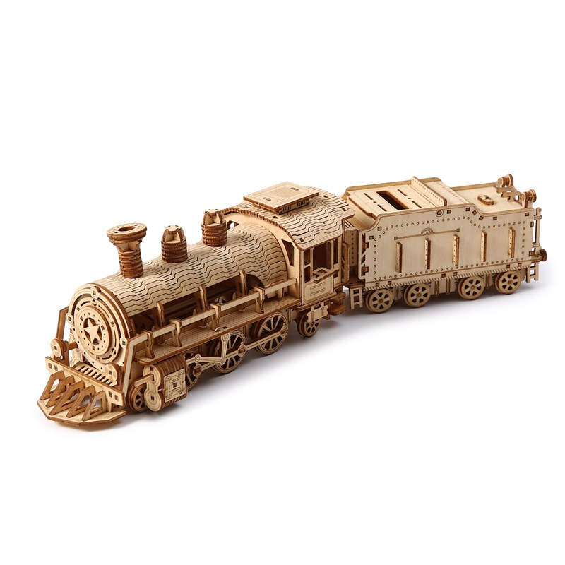Maquette en bois 3d, design de train à vapeur avec mouvement mécanique.