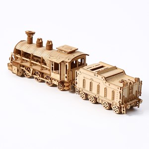 Maquette en bois 3d, design de train à vapeur avec mouvement mécanique.