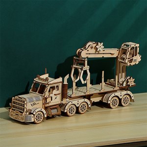 Maquette en bois 3d, design de camion avec grue à mouvement mécanique.