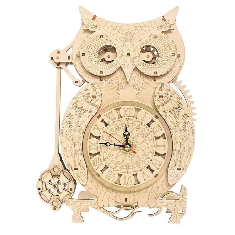 Maquette en bois 3d, avec mouvement mécanique design de horloge hibou.