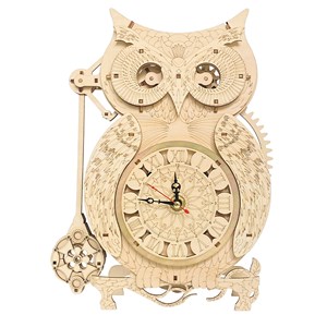 Maquette en bois 3d, avec mouvement mécanique design de horloge hibou.