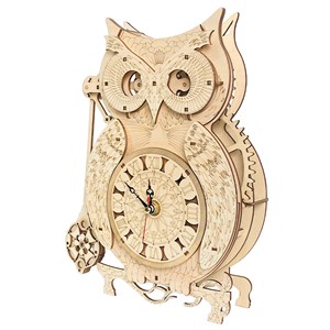 Maquette en bois 3d, avec mouvement mécanique design de horloge hibou.