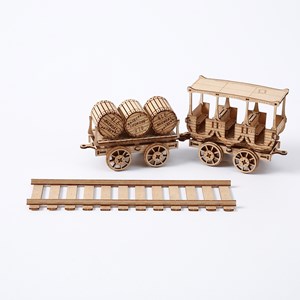 Maquette en bois 3d, design de wagon à vin avec mouvement mécanique. 278 pièces.