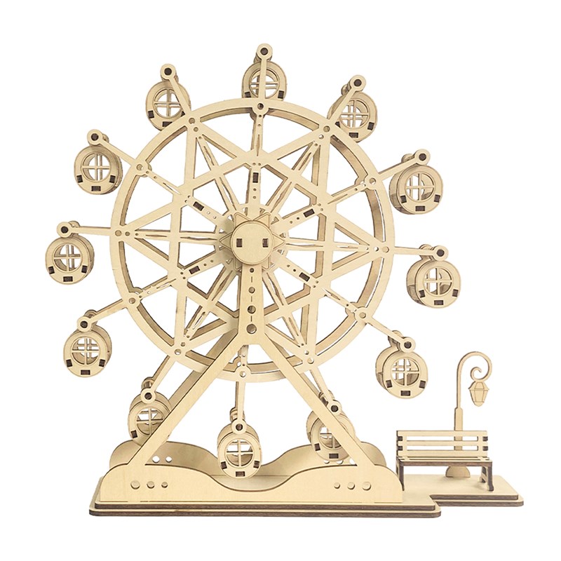 Maquette en bois 3d, avec mouvement mécanique design de grande roue. 93 pièces.