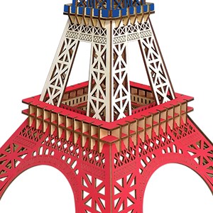 Puzzle 3d en bois. Tour eiffel à paris. 94 pièces. Couleur du drapeau français.