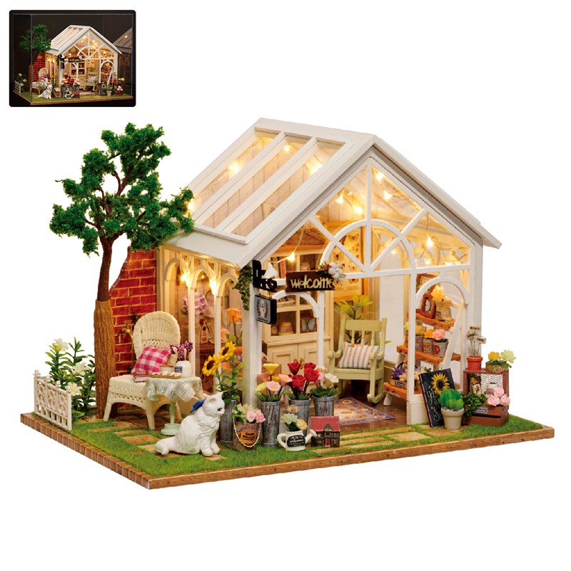 Serre avec des tournesols. Maquette 3d réaliste avec de nombreux détails.