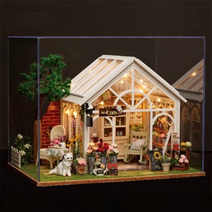 Serre avec des tournesols. Maquette 3d réaliste avec de nombreux détails.